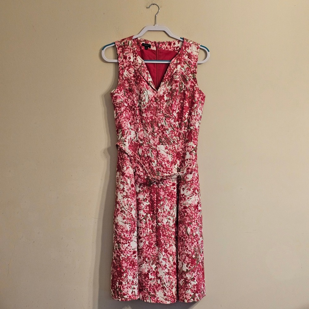 Talbots Dress Women 6 Pink Floral Linen Sleeveless Fit & Flare Belted Lined